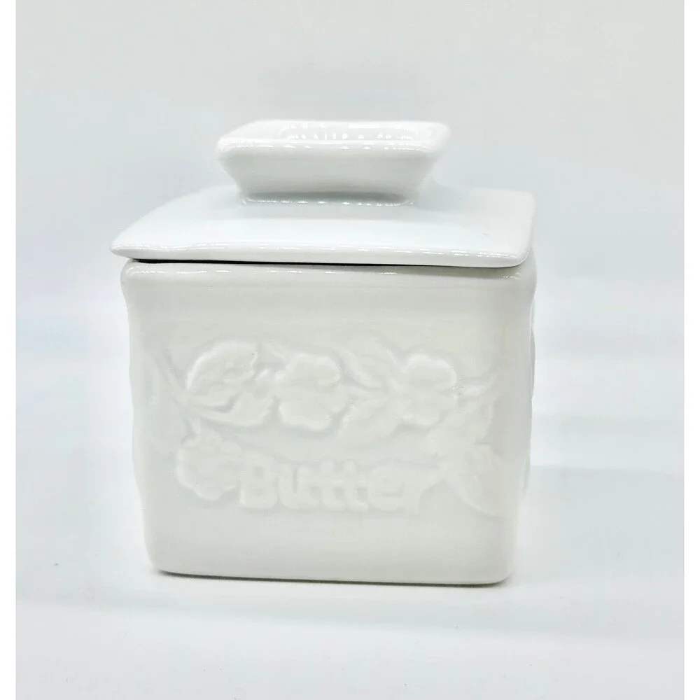 Square White Porcelain Butter Bell Crock Keeper Holder  “butter” floral